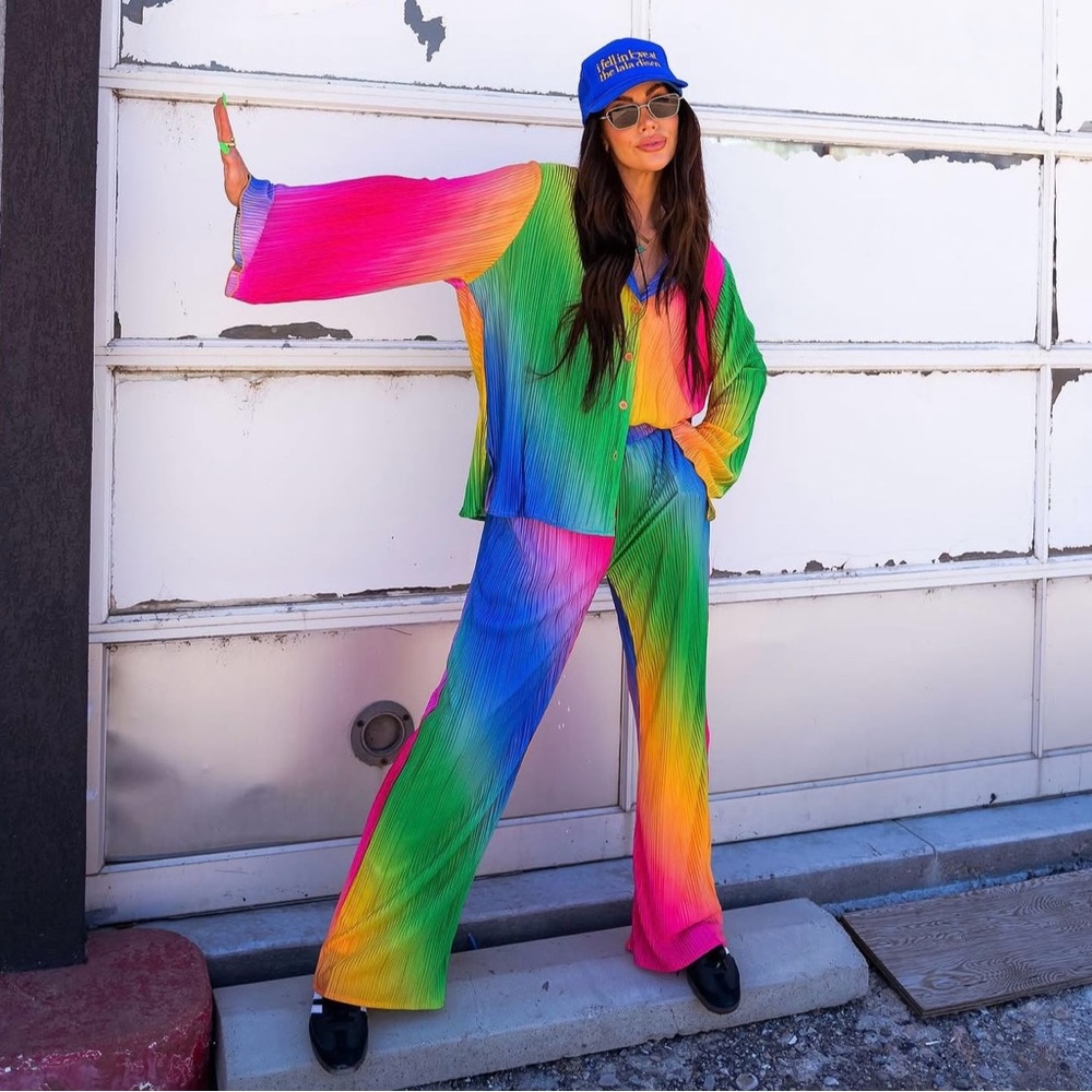 Dressed in Lala Long Sleeve Plissé Set in Prismatic Rainbow